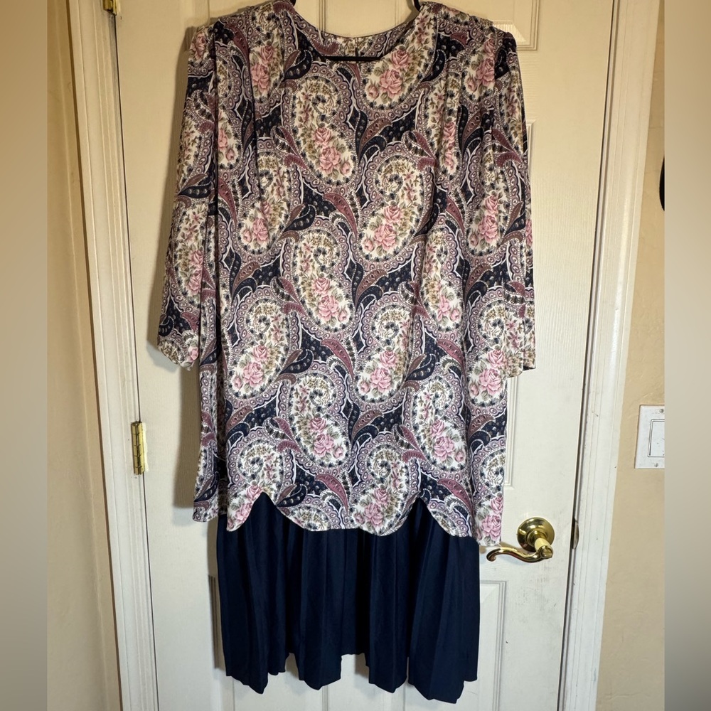 Vintage City Lights Floral Paisley Drop Waist Midi Dress Navy Pink Sz 18 80s/90s